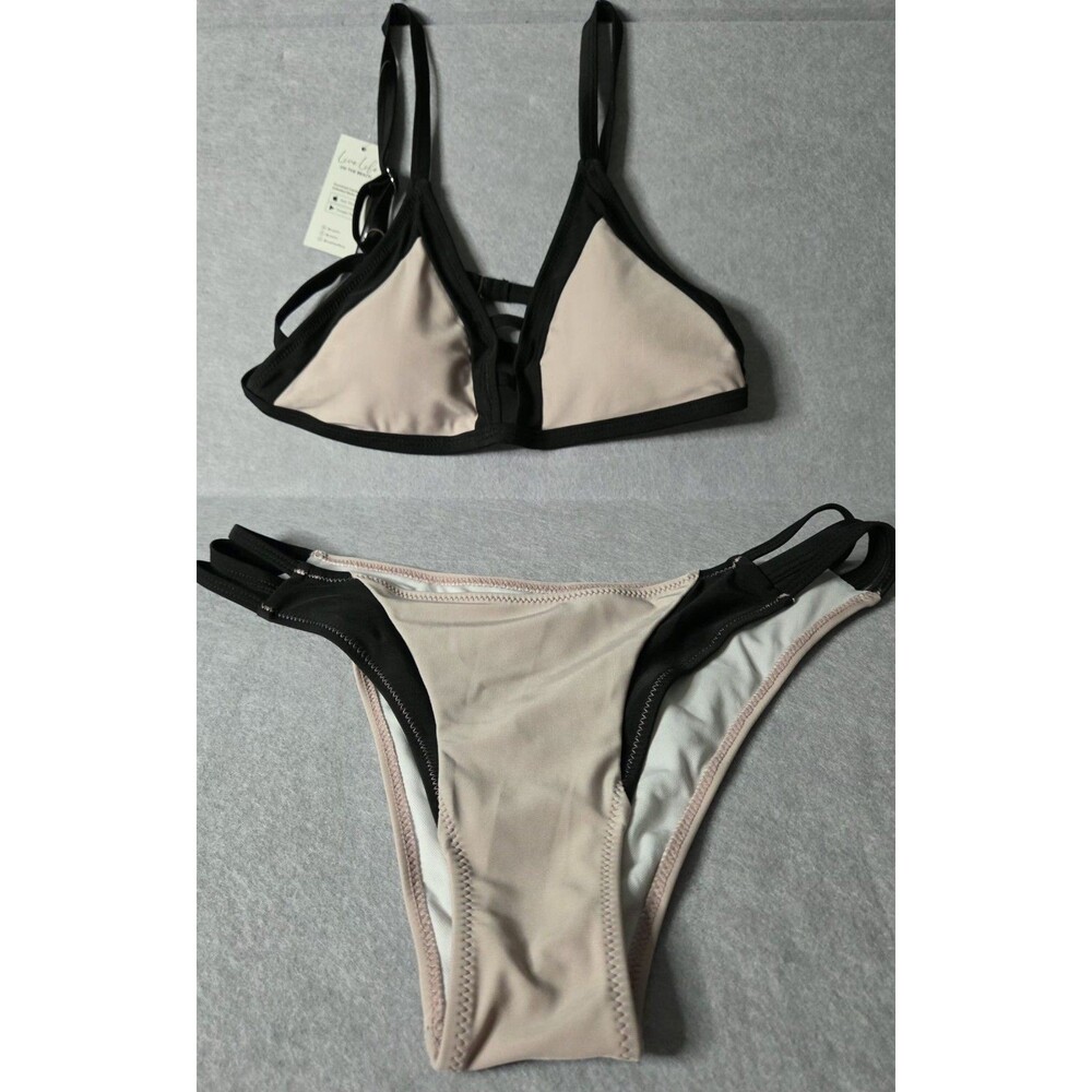 CUPSHE Black & Nude Blush Sz L Strappy Bikini Set Adj Triangle Top NWT